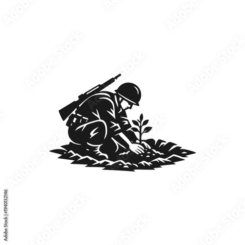 Soldier Planting Sapling A powerful symbolic illustration of a military figure nurturing new life, embodying themes of peace, growth, and ecological responsibility