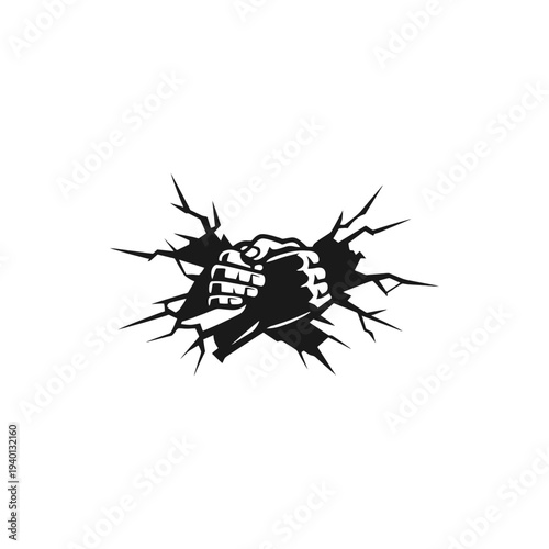 Powerful, resolute grip breaking through a shattered surface, symbolizing unbreakable partnership, shared strength, and successful breakthrough against all odds