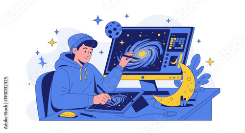 Artist creating digital galaxy art on computer, moon and stars illustration