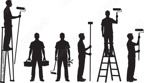 Painter worker silhouettes set, house painting renovation handyman with roller ladder tools vector collection