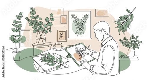 Artist drawing botanical illustration on tablet in minimalist studio with plants