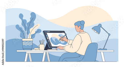 Artist drawing digital art on tablet at desk, creative workspace, modern illustration