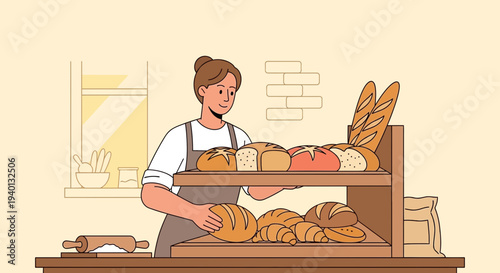 Baker Arranging Freshly Baked Breads on a Wooden Shelf in a Cozy Bakery