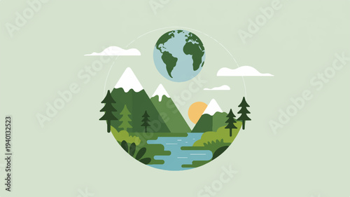 Eco friendly earth with green forest mountains and serene lake landscape