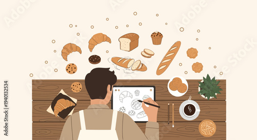 Baker designs pastries on tablet, surrounded by baked goods, coffee, and plants