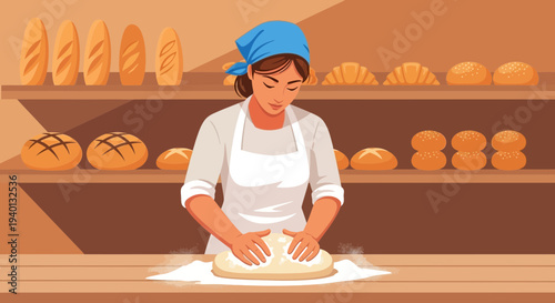 Baker Kneading Dough in Bakery with Fresh Bread Displayed