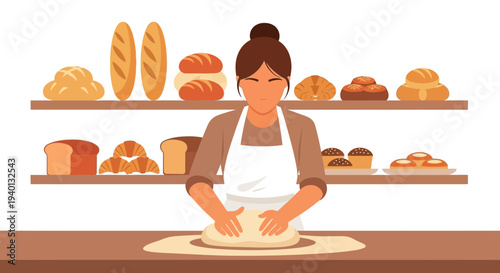 Baker Kneading Dough in Bakery Surrounded by Freshly Baked Breads and Pastries