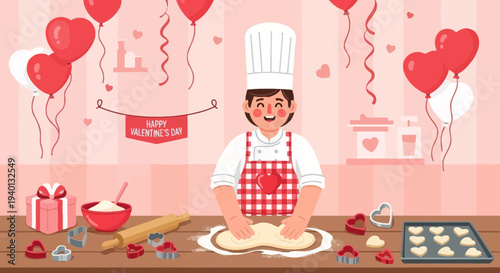 Baker making valentine cookies with heart shapes and balloons