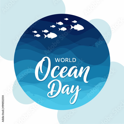 World Ocean Day celebration with swimming fish illustration.