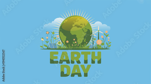 Earth day celebration concept with green globe and cityscape on blue background symbolizing environmental awareness and sustainability