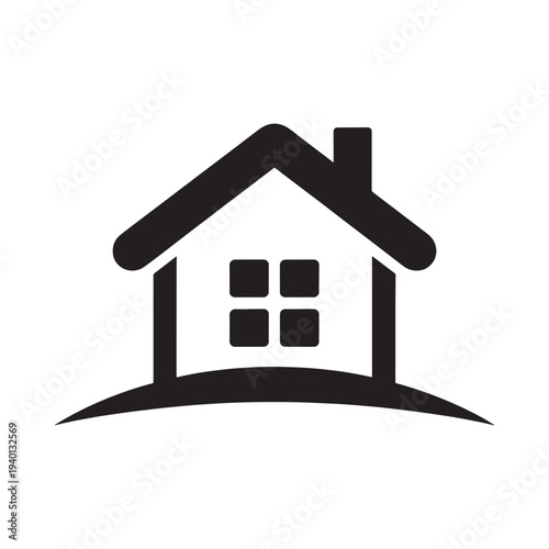 Simple black house icon with a chimney and four window panes shown