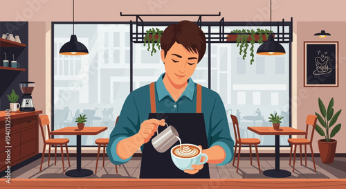 Barista making latte art in a cozy coffee shop, pouring milk into espresso