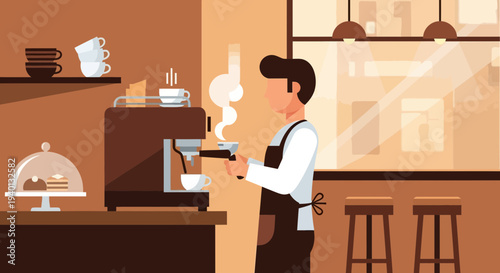 Barista making coffee at a modern cafe counter with espresso machine and pastries