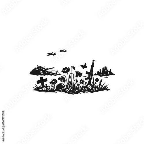 Symbolic monochrome silhouette depicting a solemn historical battlefield, featuring poppies, military gear, and remembrance markers, reflecting on conflict, sacrifice, and the enduring quest for peace