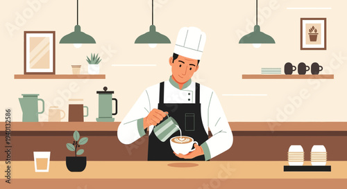 Barista making latte art in a cozy coffee shop, preparing a specialty coffee drink.