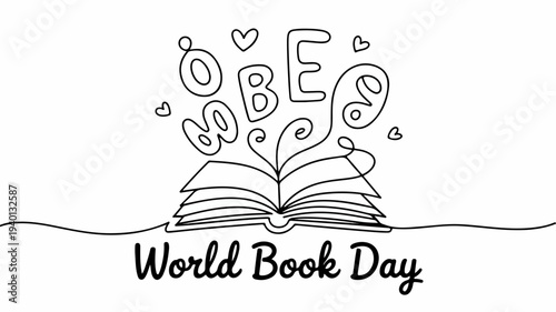World book day celebration with open book and love text in a whimsical line drawing style on white background
