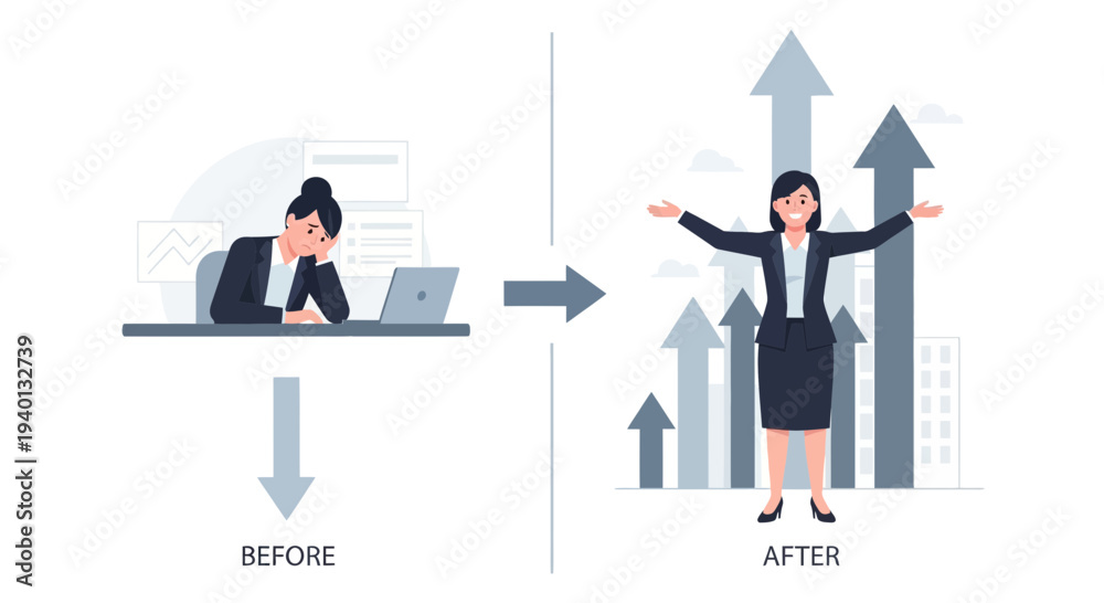 Fototapeta premium Before and After: Tired Woman Transformed into Successful Businesswoman with Growth Arrows