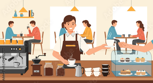 Barista serving coffee to customers in a cozy cafe with pastries and coffee machine