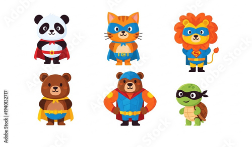 Cute superhero animal characters vector set with panda cat lion bear and turtle heroes