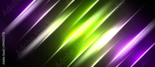 Abstract design features vibrant purple, green streaks. Diagonal lines create dynamic, glowing effect. Dark background emphasizes bright colors.