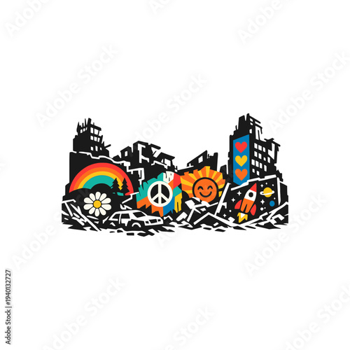 Vibrant vector illustration showcasing a ruined cityscape transformed by symbols of peace, growth, and optimism, reflecting hope and future possibilities
