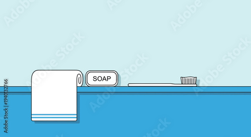 Clean Bathroom Essentials: Towel, Soap, and Toothbrush on Shelf