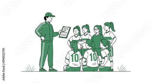 Coach instructing young female soccer team during outdoor practice session