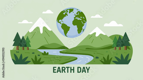 Earth day illustration with green landscape mountains river trees and globe symbolizing environmental conservation and sustainability