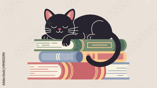 Black cat resting on stack of colorful books reading material relaxation calmness study learning feline literature