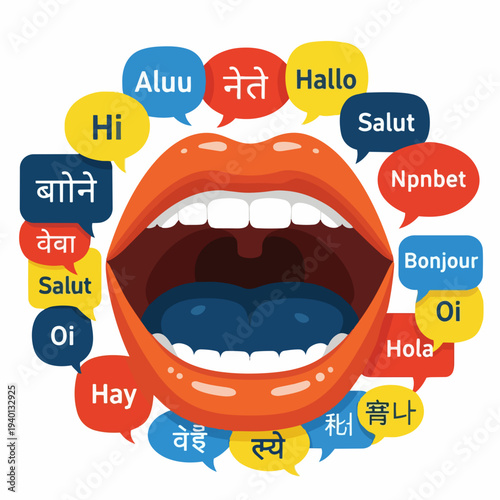 Open Mouth Speaking Multiple Languages Communication Concept.