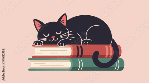 Sleeping black cat on stack of colorful books relaxation and reading concept calm atmosphere