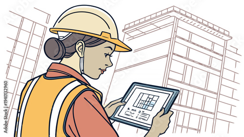 Female Engineer with Tablet and High-Rise Buildings, City Line Art, Colored line art of a female engineer wearing a hard hat and safety vest, in a city environment, looking at and touching the screen 