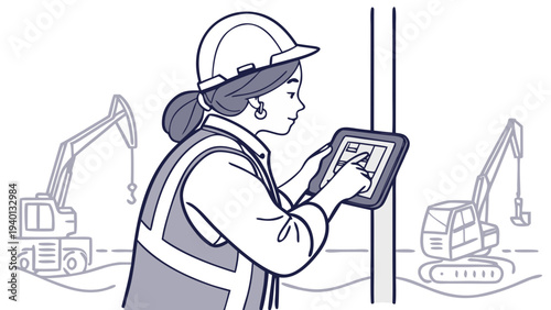Female Engineer Using Tablet on Construction Site, Minimal Line Art,  Side profile line drawing of a female construction engineer wearing a hard hat and safety vest, holding and using a tablet, 