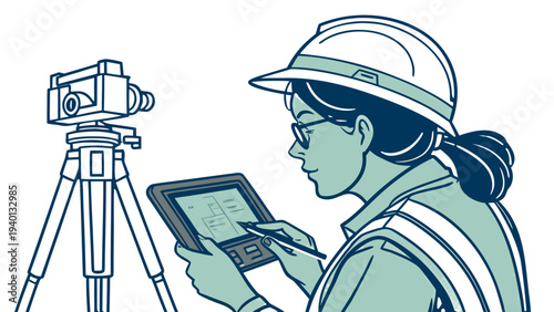 Female Land Surveyor with Total Station and Tablet, Line Art, Minimal colored line art of a female land surveyor wearing a hard hat, glasses, and a safety vest, in profile, holding a tablet 