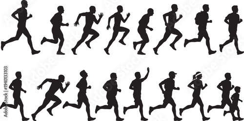 Running people silhouettes collection, men women jogging and sprinting athletes, fitness training marathon runners, sport activity vector set