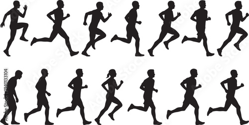 Running people silhouettes set, men and women jogging sprinting marathon runners, fitness training sport activity vector collection