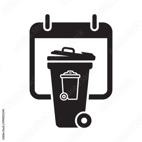A black and white calendar icon with a trash can underneath it