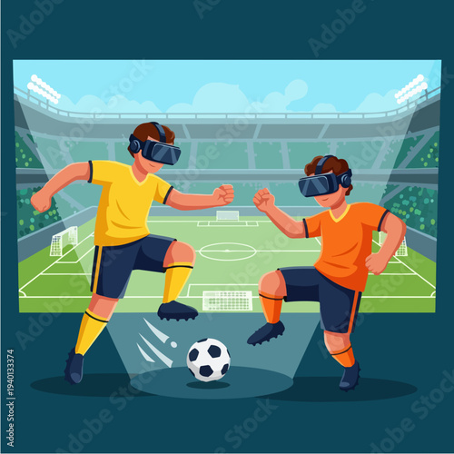 Two young men playing virtual reality soccer on a field.
