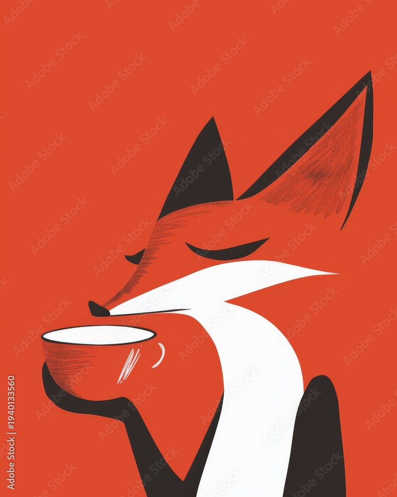 Fototapeta premium a fox drinking tea - minimalist naive folk illustration