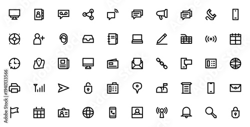 Contact_3352 icon set. Minimal vector icons pack for communication and connectivity. Includes symbols for email, chat, phone, wifi, calendar, network, contact and more. Editable stroke.