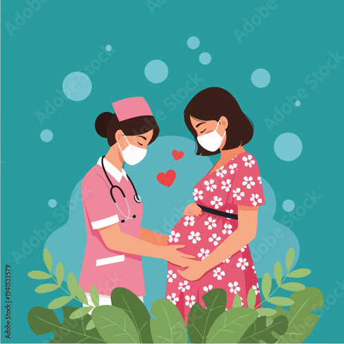 Nurse caring for pregnant woman wearing masks.