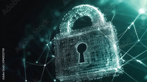 Conceptual Cyber Security Digital Padlock Protecting Data and Information with Network Connection Glowing Dots on Dark Background