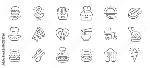 Fast food line icons set. Burger, pizza, fries, hot dog, restaurant, delivery outline vector symbols
