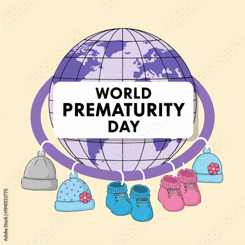 World Prematurity Day awareness graphic with baby clothes and globe.