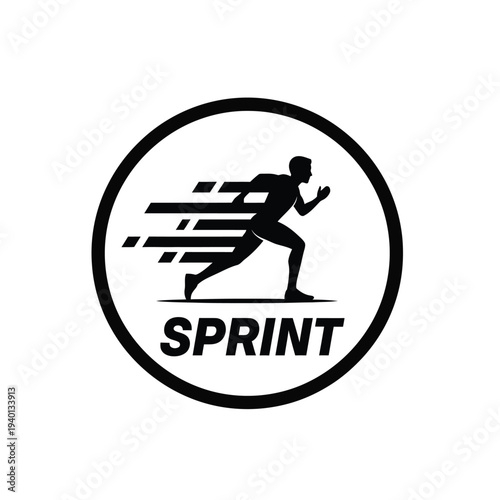 A black silhouette of a runner within a circular frame with speed lines and the word sprint displayed below high quality professional detailed modern