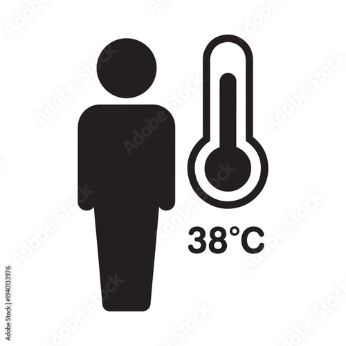 A graphic depicts a person alongside a thermometer showing a temperature of 38 c