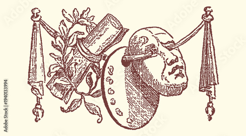 Vintage Artistic Emblem: Paint Palette, Scroll, Laurel Wreath, and Mask Silhouette - Classic Design Element for Art & Culture