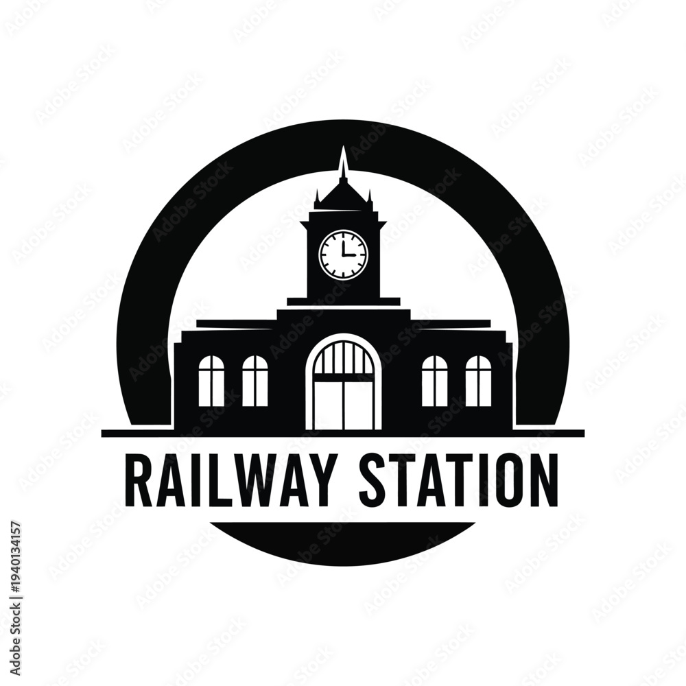 Fototapeta premium A striking black and white emblem depicts a classic railway station building with a prominent clock tower framed by a circular design high quality professional detailed