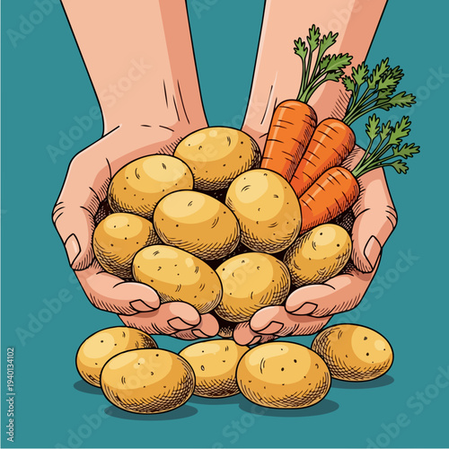 Hands holding fresh potatoes and carrots harvest illustration.