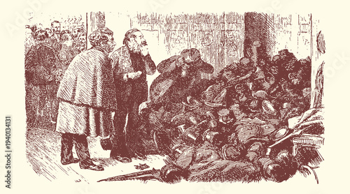 19th Century Historical Engraving of Men Arguing Over Pile of Goods, Dramatic Scene, Vintage Illustration